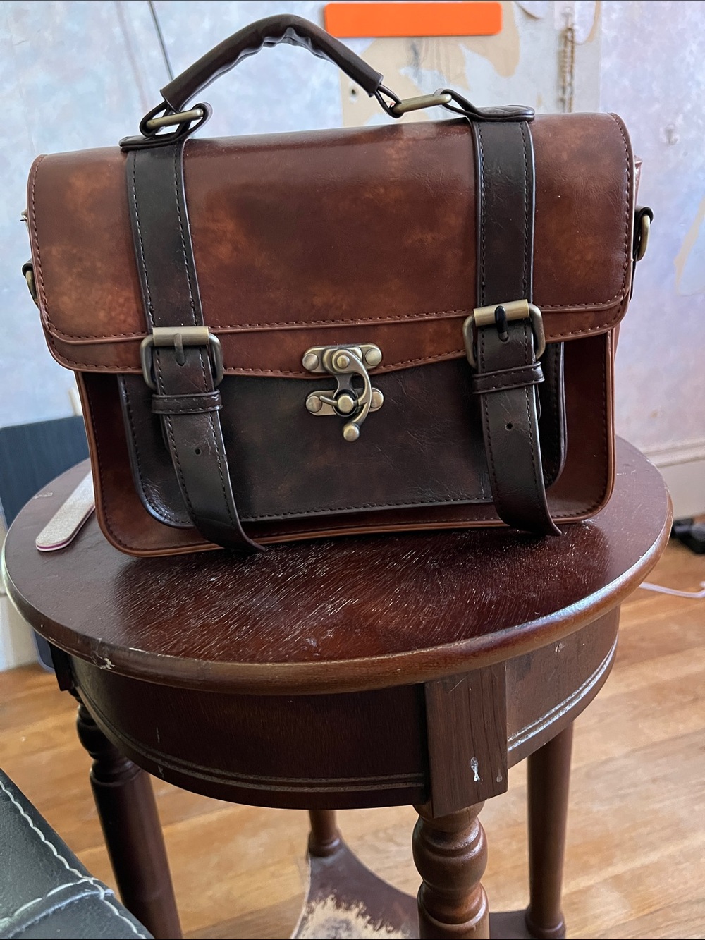Men's Brown Leather Briefcase Satchel with Dark Trim